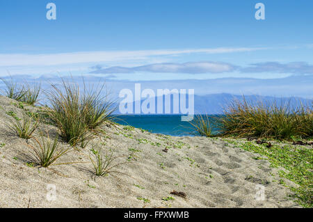 Blick auf Stewart Island über Foveaux Strait vom Strand in Howells Punkt - Riverton, Neuseeland Stockfoto