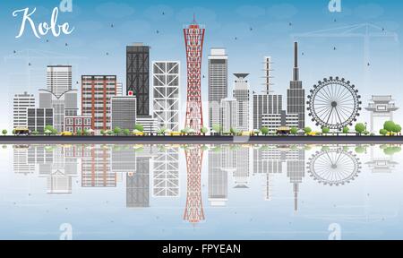 Skyline von Kobe mit grauen Gebäude, blauer Himmel und Reflexionen. Vektor-Illustration. Wirtschaft und Tourismus-Konzept Stock Vektor