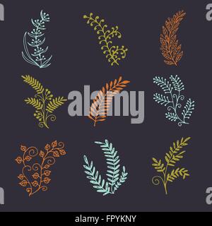 Handgezeichnete Kranz-Set im Vektor aus. Blätter und Blüten Girlanden. Romantische Blumen-Design-Elemente. Stock Vektor