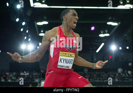 Portland, USA. 19. März 2016. Erik Kynard der Vereinigten Staaten reagiert im Hochsprung Finale bei den IAAF World Indoor Championships im Oregon Convention Center in Portland, Oregon, USA, 19. März 2016. Erik Kynard gewann die Bronzemedaille mit 2,33 m. © Yang Lei/Xinhua/Alamy Live-Nachrichten Stockfoto