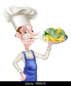 Ein Cartoon-Chef eine Platte mit Fish &amp; Chips oder Pommes frites festhalten Stockfoto