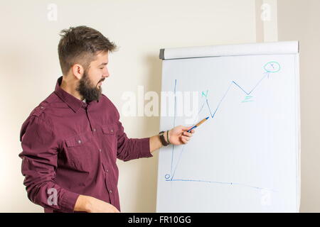 Junge bärtige Mann durch das Flipchart präsentieren Stockfoto