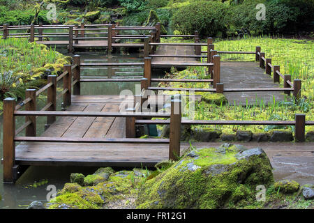 Holz-Fußgängerbrücke Gehweg am japanischen Garten im Frühling Stockfoto