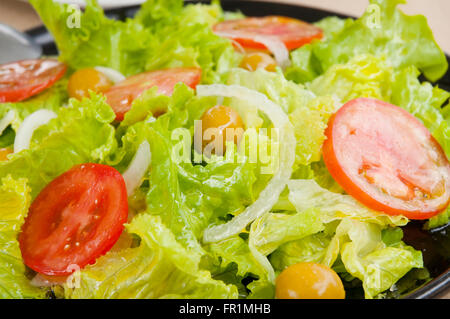 Detail der gemischte Salat mit Kopfsalat, Tomaten, Zwiebeln, grüne Oliven und Olivenöl. Stockfoto