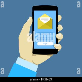 Login-Seite auf Smartphone-Bildschirm. Hand halten Smartphone. Mobile-Konto. Konzept für Websites, Web-Banner, Infografiken. Stock Vektor