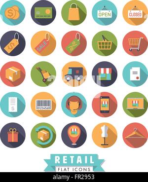 Sammlung von flachen design shopping und Einzelhandel Vektor-Icons im Kreis Stock Vektor