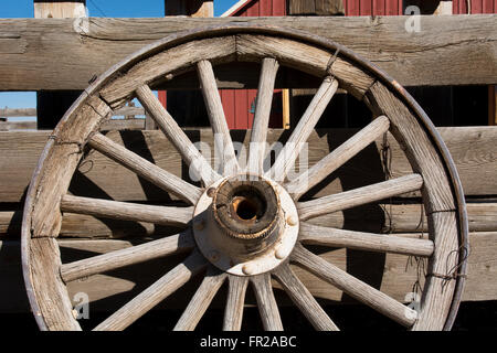 Colorado, San Luis Valley, Mosca. Alte hölzerne Wagenrad vor Scheune. Stockfoto