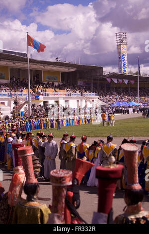 Eröffnungsfeier für das jährliche Naadam Festival, Ulaan Baatar, sind Ausdruck der mongolischen Tradition, Sport und Spiel. Stockfoto