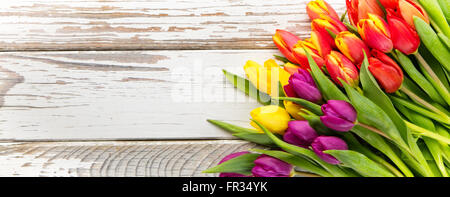 Bunte Ostereier und Tulpen auf Holzbohlen gelegt Stockfoto