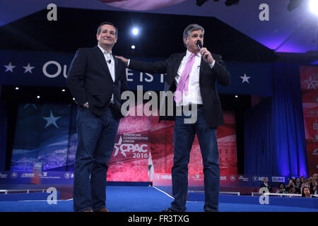 Senator und republikanische Präsidentschaftskandidat Ted Cruz mit Fox News host Sean Hannity während der amerikanischen Konservativen Union CPAC Jahreskonferenz am National Harbor 4. März 2016 in Oxon Hill, Maryland. Stockfoto