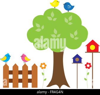 Vektor-Illustration der bunten Bild der Vögel, Vogelhäuser, Baum, Zaun Stock Vektor