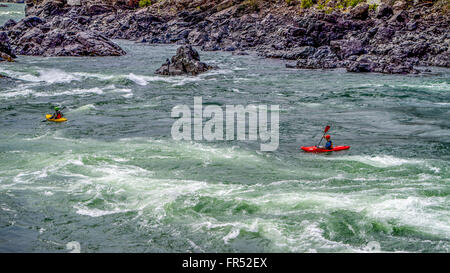 Kajakfahrer Navigation durch die White Water Rapids und Felsbrocken in den Fraser River, da der Fluss schlängelt sich durch den Fraser Canyon in BC, Kanada Stockfoto