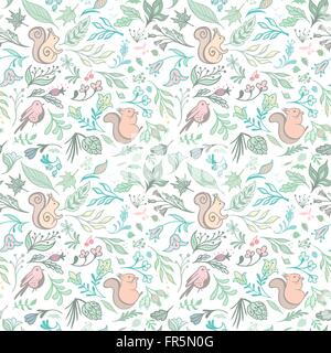 Baby Doodle Skizze Eco nahtlose Textur mit Wildpflanzen, Kräuter und Tiere Stock Vektor