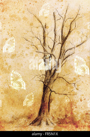 Malerei-Schmetterling und Baum, Farbe Collage. und abstrakt Grunge Hintergrund mit Flecken, Computer-Collage. Stockfoto