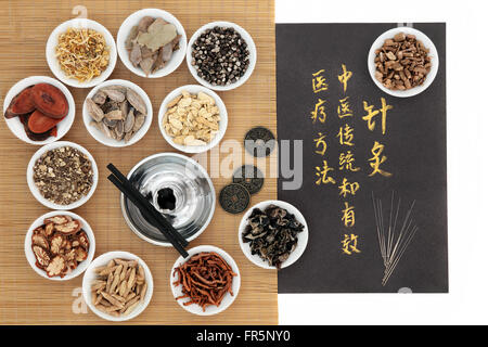 Chinesische Heilpflanze Zutaten, Akupunkturnadeln, Moxa-Stäbchen und I Ching Münzen mit Kalligraphie auf alten graues Papier. Stockfoto