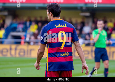 VILLARREAL, Spanien - 20 MAR: Luis Suarez spielt bei der La Liga-Match zwischen Villarreal CF und FC Barcelona im Stadion El Madrigal am 20. März 2016 in Villarreal, Spanien. Stockfoto