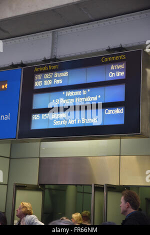 St Pancras International, London, UK. 22. März 2016. Brüssel, Bombardierung, Eurostar-Züge entfallen © Matthew Chattle/Alamy Stockfoto