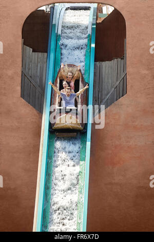 Begeisterte Freunde jubeln und absteigender Wasserfall in Log Vergnügungspark fahren Stockfoto