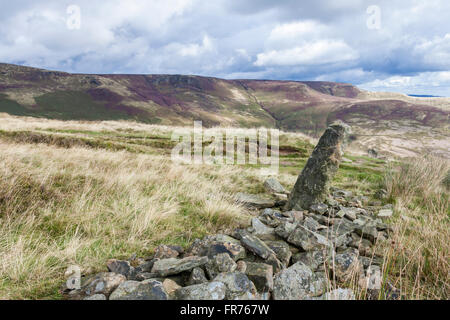 Zusammengebrochen Steinmauer am wilden Moor im Dunkeln Peak, mit Kinder Scout in der Ferne. Derbyshire Peak District National Park, England, UK. Stockfoto