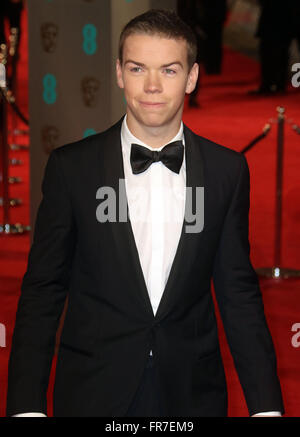 14. Februar 2016 - Will Poulter Teilnahme an EE British Academy Film Awards 2016 am Royal Opera House Covent Garden in London, Großbritannien Stockfoto