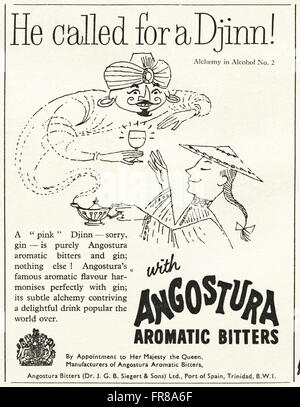 Original Vintage Anzeige aus der 1950er Jahre. Anzeige vom 1959 Werbung ANGOSTURA aromatischen Bitter nach Vereinbarung zu ihrer Majestät der Königin. Stockfoto