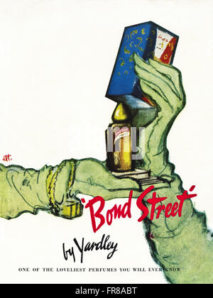 Original Vintage ganzseitige Farbe Anzeige aus der 1950er Jahre. Anzeige vom 1959 Werbung BOND STREET Parfüm von YARDLEY. Stockfoto