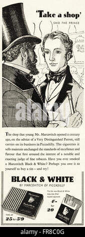 Original Vintage Anzeige aus der 1950er Jahre. Anzeige vom 1959 Werbung schwarz-weiß & Zigaretten durch MARCOVITCH. Stockfoto