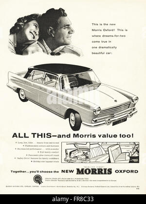 Original Vintage Anzeige aus der 1950er Jahre. Anzeige vom 1959 Werbung Neuwagen MORRIS OXFORD. Stockfoto