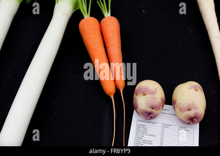 Preisgekrönte Gemüse auf einer Land-Show in Gloucestershrie, UK. Incluidng Lauch Karotten und Kartoffeln. Stockfoto