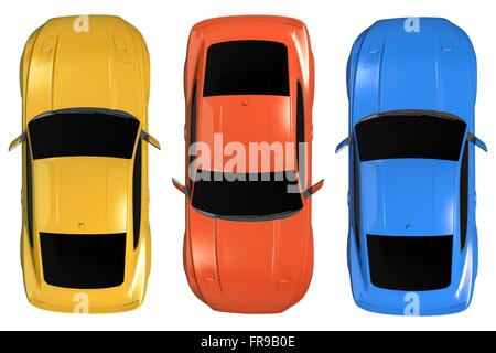 Isolierte Autos Antenne 3D Illustration. Autos von oben. Drei Farben zur Auswahl. Stockfoto