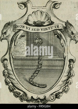Le Triomphe de la Religion sous Louis le Grand (1687) ist ein historisches Werk, das die religiösen Triumphe während der Regierungszeit von König Ludwig XIV. Darstellt. Der Text enthält Inschriften sowie lateinische und französische Verse, die religiöse Themen und königliche Symbolismus erläutern. Stockfoto