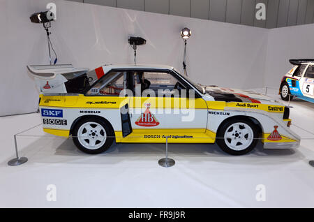 Eine Gruppe B Ära, Audi Quattro Rally Car, auf dem Display in "The Pinnacle der Rallye" Abschnitt von der 2016 London Classic Car Show. Stockfoto