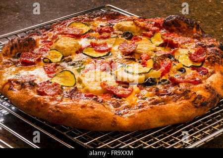 Nahaufnahme von einem goldenen Kruste Ofen gebackene Pizza auf einem Kuchengitter mit gebratenen Zucchini, Paprika, Artischocken, Champignons, Oliven; Calgary, Alberta, Kanada Stockfoto