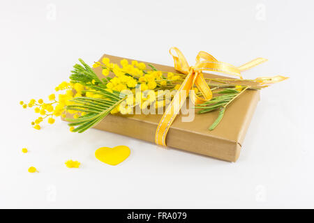 Bouquet von Mimose und verpackte Geschenk Stockfoto