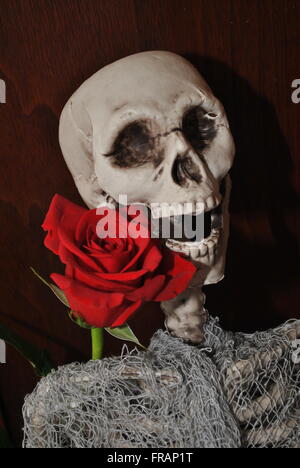 Eine gruselige Schädel mit einer leuchtend roten Rose Stockfoto