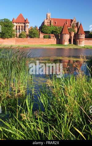 Malerische Szenerie des Marienburger Schlosses am Fluss Nogat in Polen Stockfoto