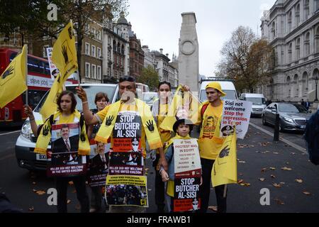 5. November 2015. London, UK. Demonstranten mit Plakaten fordern ägyptische Präsident Sisi ein Killer-Rallye außen Downing Street. © Marc Ward/Alamy Stockfoto