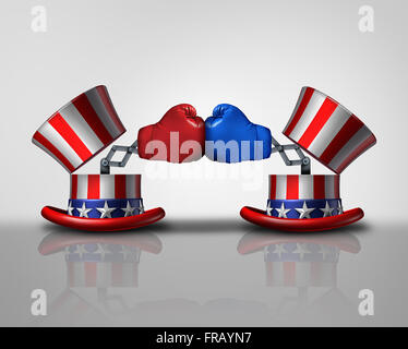 US-Wahl-Kampf und politischer Gewalt Konzept für den Wahlkampf um Stimmen als eine offene Uncle Sam Hut verziert mit der Flagge der Vereinigten Staaten und eine Überraschung Boxhandschuh Kampf gegen einen Gegner aus links und rechts. Stockfoto