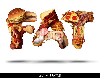 Fat Konzept und ungesunden Essen oder Essen-Symbol als Text aus einer Gruppe von Hamburgeres Tiefe frittierten Pommes frites Kuchen und Fastfood als eine Metapher für Essen und Ernährung Gesundheitsrisiko verarbeitet. Stockfoto