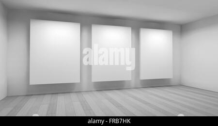 Galerie Kunstraum mit leeren Rahmen an der Wand, sauberes Zimmer mit Formen in 3d, Geschäftsraum zu reinigen und arbeiten Stockfoto