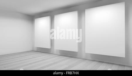 Galerie Kunstraum mit leeren Rahmen an der Wand, sauberes Zimmer mit Formen in 3d, Geschäftsraum zu reinigen und arbeiten Stockfoto