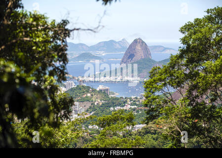 Blick auf die Bucht von Botafogo, Pao de Acucar und Morro da Urca von der Sumare Straße Stockfoto