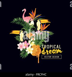 Tropischen Bordürenmuster. tropische hand gezeichneten Elemente einschließlich Paradiesvogel Blume, Tukan und Flamingo Vögel und tropische f Stock Vektor