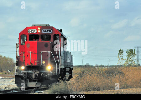 Elgin, Illinois, USA. Eine Canadian National Lokomotivumschaltung besteht auf einem kleinen Kreuzungswerft in Elgin, USA. Stockfoto