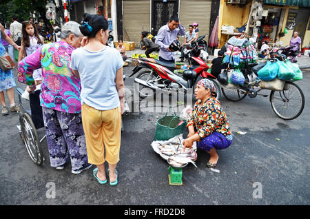 Eine Frau verkauft Fische auf der Straße in den frühen Morgenstunden, Hanoi, Vietnam Stockfoto