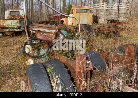 Zerstörten Frame Anhänger Sattelschlepper in Feld mit Unkraut mit Pickups im Wald überwuchert. Stockfoto