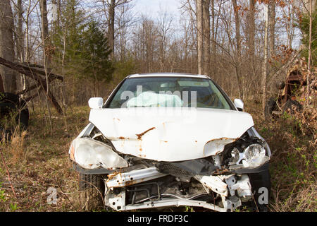 Bleibt der Autowrack mit Airbags im Bereich zwischen Bäumen eingesetzt. Stockfoto