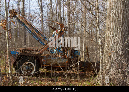 Rost Antik Abschleppwagen mit Unkraut in Wäldern überwuchert. Stockfoto