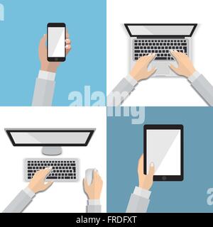 Reihe von flachen Hand Icons mit verschiedenen Kommunikationsgeräten. Verwendung von Smartphone, Laptop, Desktop, Tablet, flachen Design-Konzept. Stock Vektor