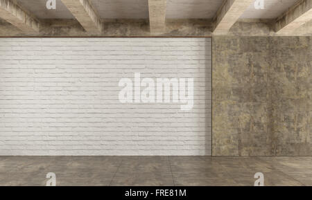 Grunge-Zimmer mit Mauer, Betonbalken und schmutzige Zement-Boden - 3D Rendering Stockfoto